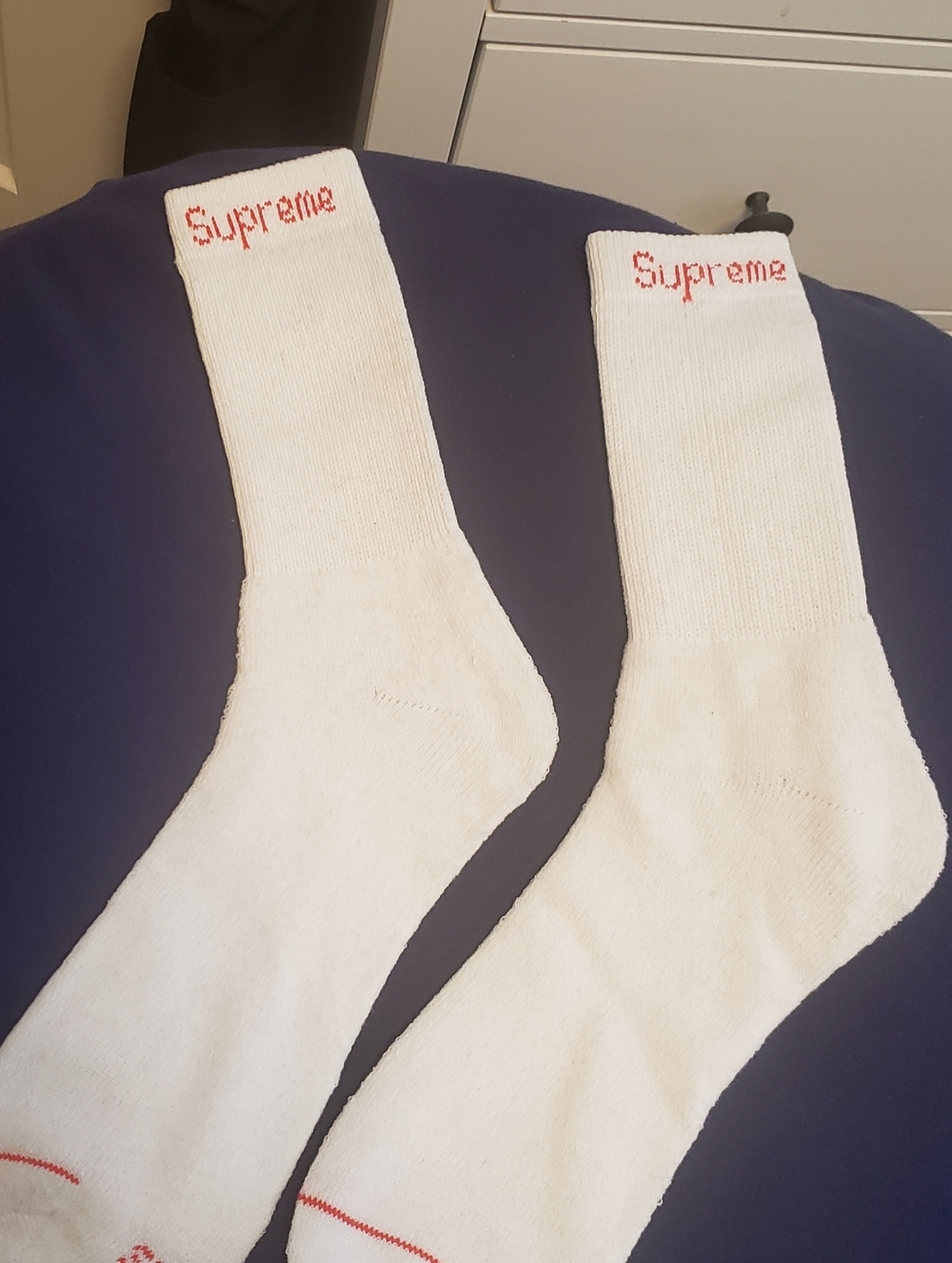 Supreme White Crew Socks with Red Logo on Cuff